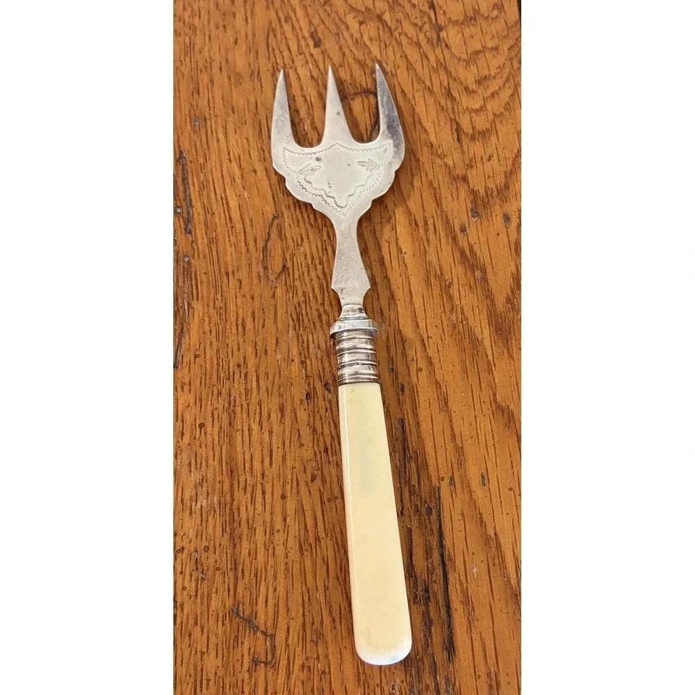 Antique Silverplate Fork 3 Tine Serving Fork Ivory Plastic Handle EPNS